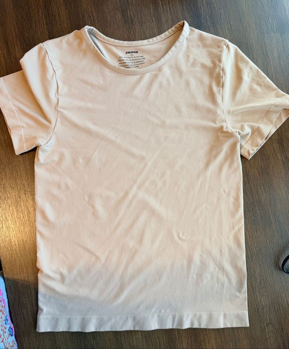 Skims Cotton Rib T Shirt Tan Beige Crew Neck Short Sleeve Large Top